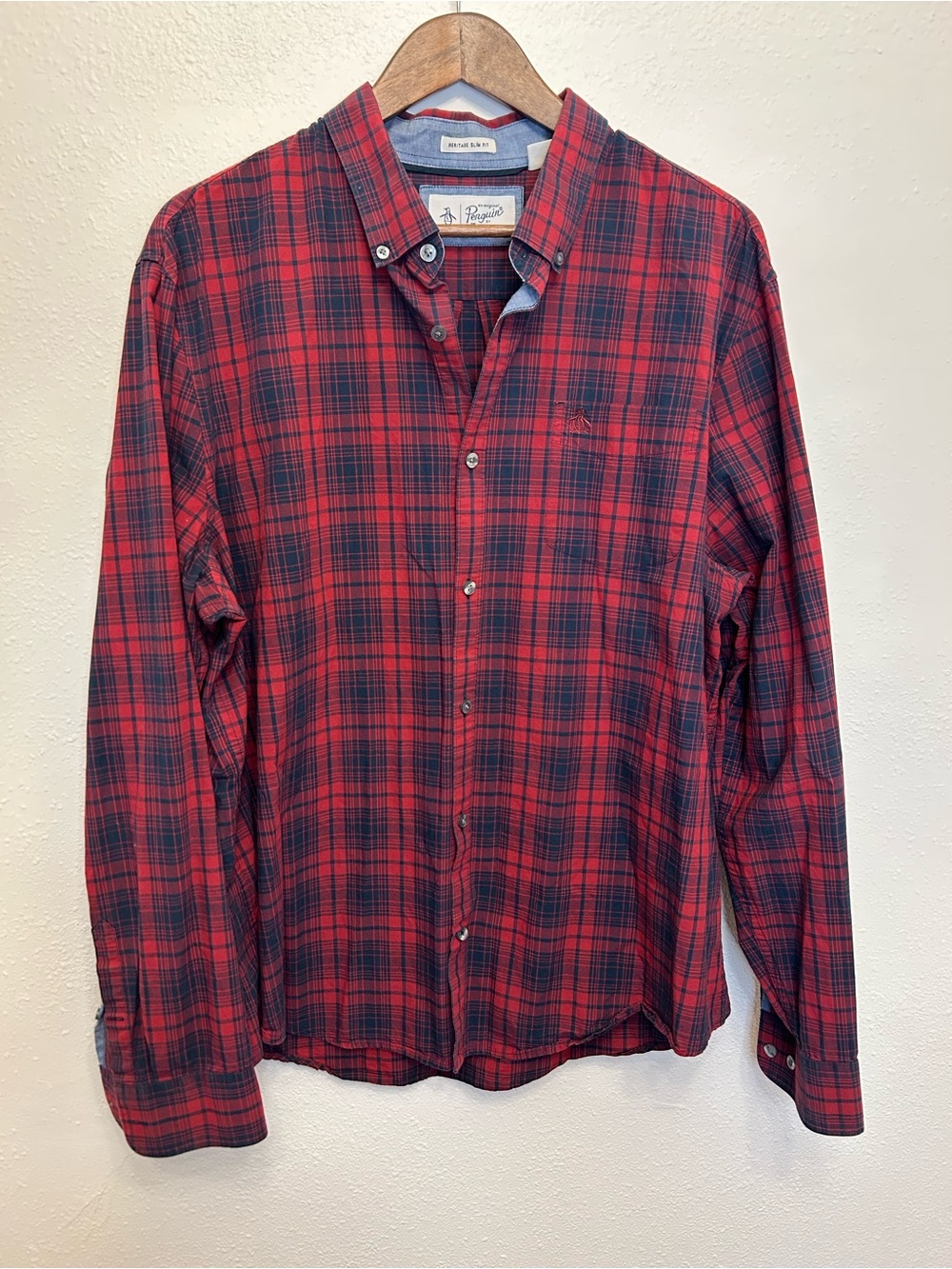 Penguin by Munsingwear Heritage Slim Fit Red Navy Plaid Button-Down Shirt XXL